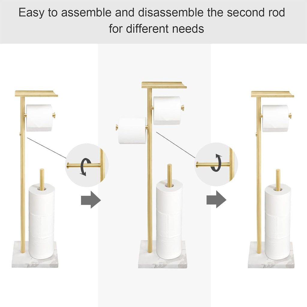 GZILA Brushed Gold Toilet Paper Stand Holder with Shelf, Marble Design Base Free Standing Toilet Paper Roll Holder with 2 Dispenser SUS 304 Stainless Steel Reserve, Storage 5 Rolls