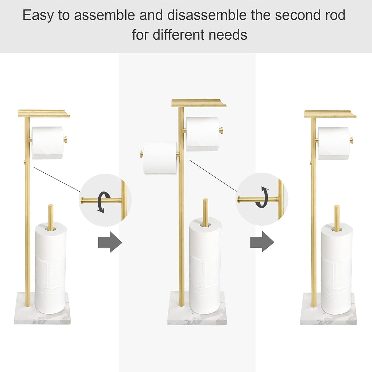 GZILA Brushed Gold Toilet Paper Stand Holder with Shelf, Marble Design Base Free Standing Toilet Paper Roll Holder with 2 Dispenser SUS 304 Stainless Steel Reserve, Storage 5 Rolls