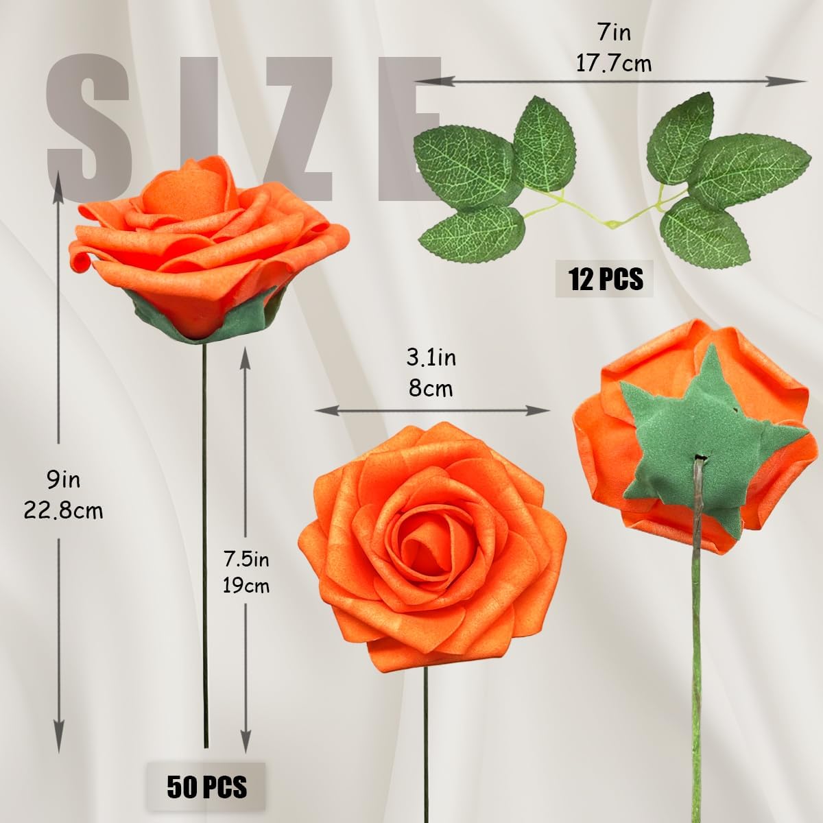 50pcs Artificial Flowers Foam Fake Rose with Stems 12 Leaves Real Looking Bright Orange Faux Roses for Wedding Bouquets Bridal Shower Centerpieces Arrangements Party Tables Decorations DIY (Orange)