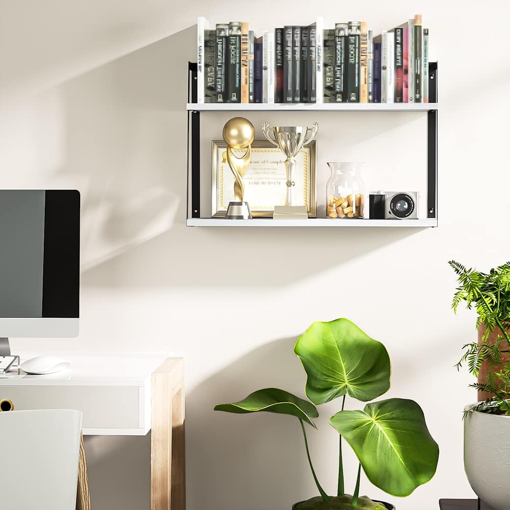 SRIWATANA White 2-Tier Floating Wall Shelves, Rustic Wood Storage Shelf Set