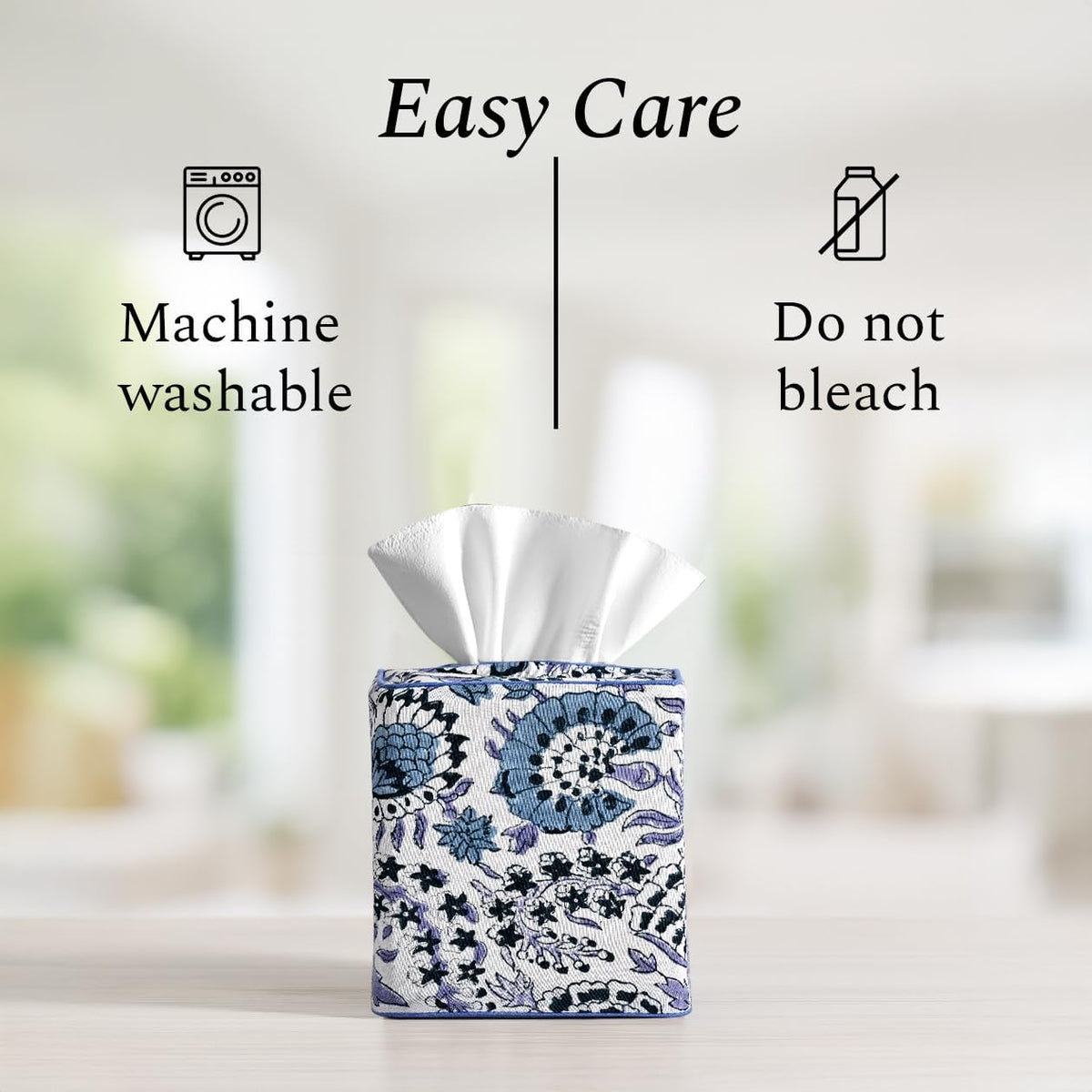 CPC 100% Cotton Piping Block Print Tissue Box Cover, Indigo Blue
