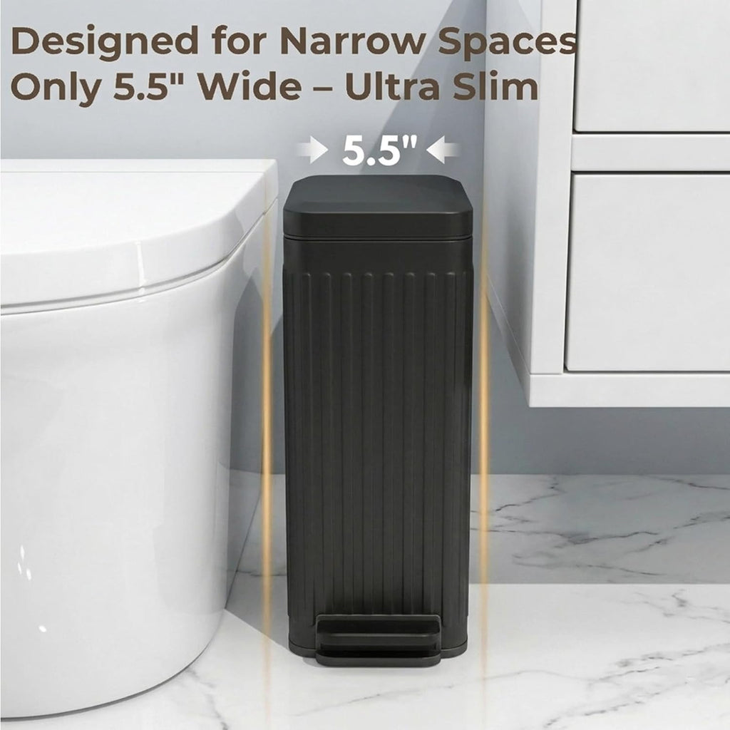 Slim Bathroom Trash Can with Lid, 2 Gallon, Stainless Steel, Fluted