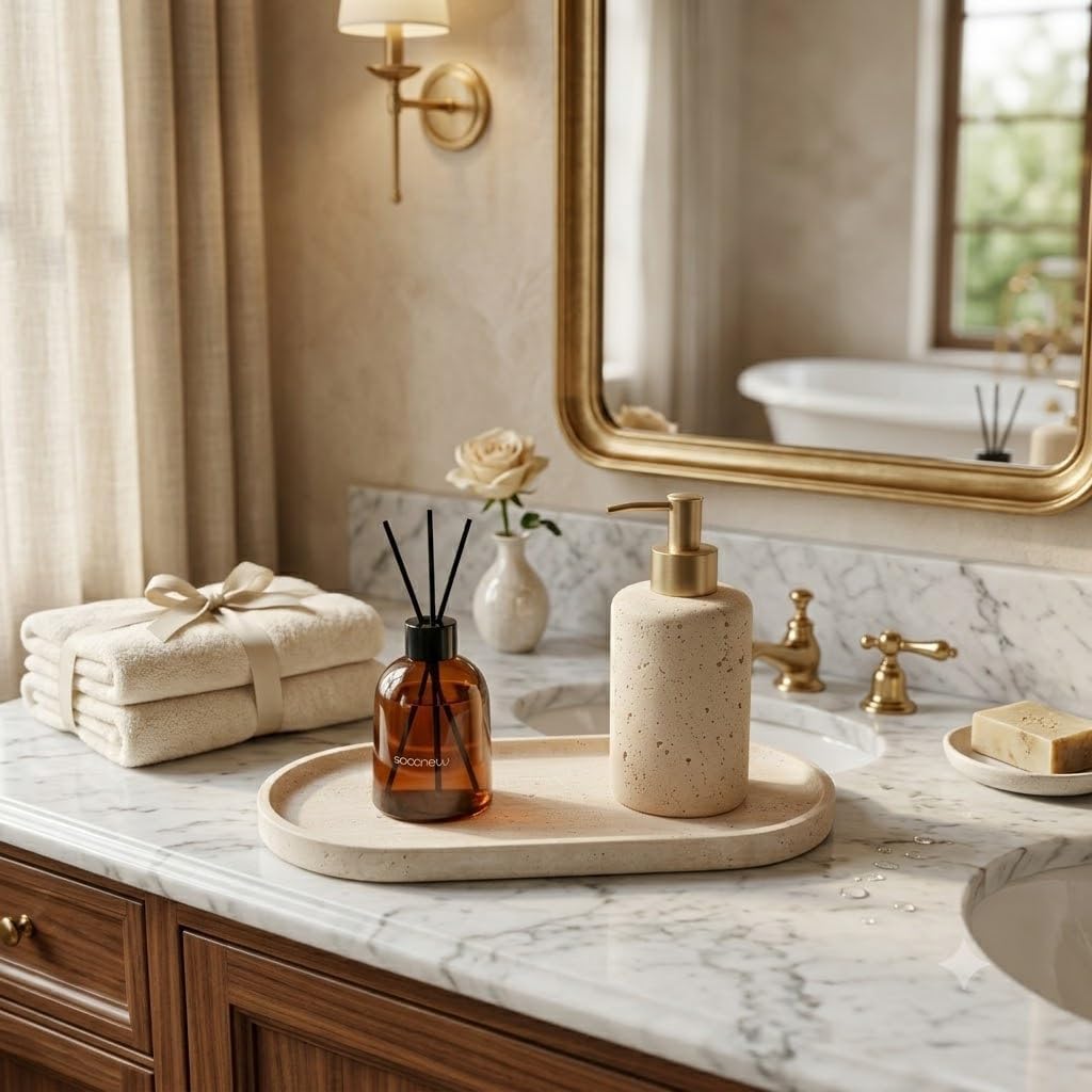 Travertine Bathroom Vanity Tray, 12"x6" Decorative Marble Tray for Kitchen Countertop, Elegant Stone Catchall Organizer for Perfume, Jewelry and Soap