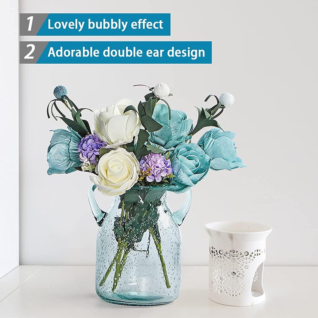 MDLUU Seeded Glass Vase, 4.6" W x 6.7" H, Clear, Double Ear Design, Coastal Modern Style, Perfect for Dining Room, Bedroom, Bathroom