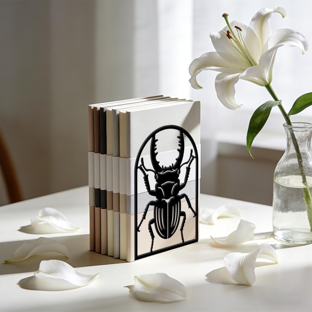 WADORN 1 Pair Scarab Metal Decorative Bookend for Shelves, Heavy Duty Book Ends Modern Non-Skid Books Holder Stand Black Book Support Stoppers for Office Desk Bookshelf, 5.3x4.3x7.8 Inch