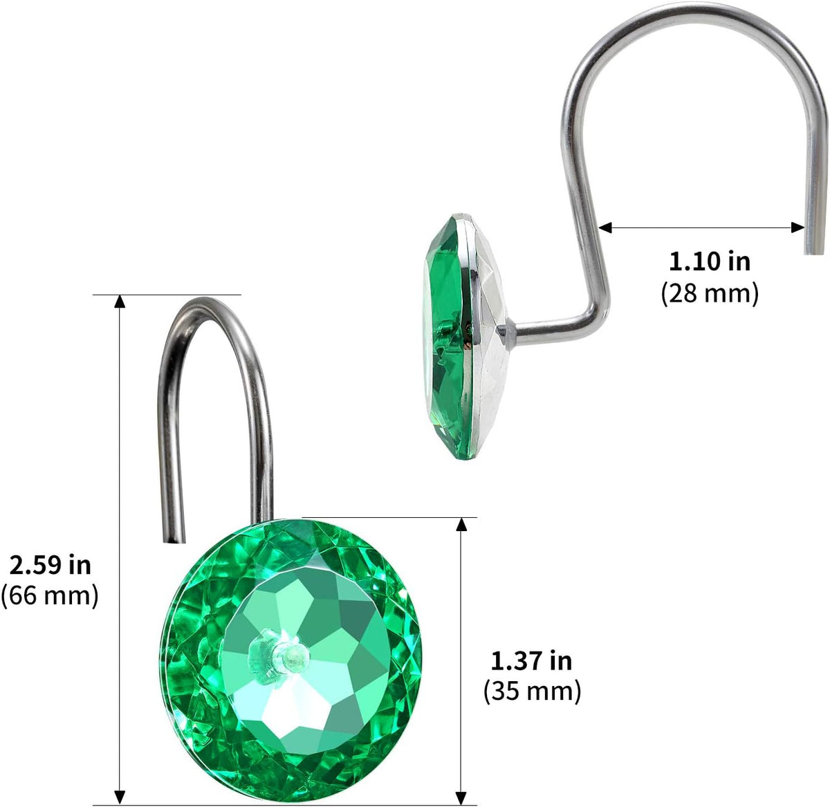CHICTIE Green Shower Curtain Hooks Rings Crystal,Diamond Decorative Shower Curtain Hooks,Set of 12 Stainless Steel Rust-Proof Round Rhinestones Shower Rings Hangers for Bathroom