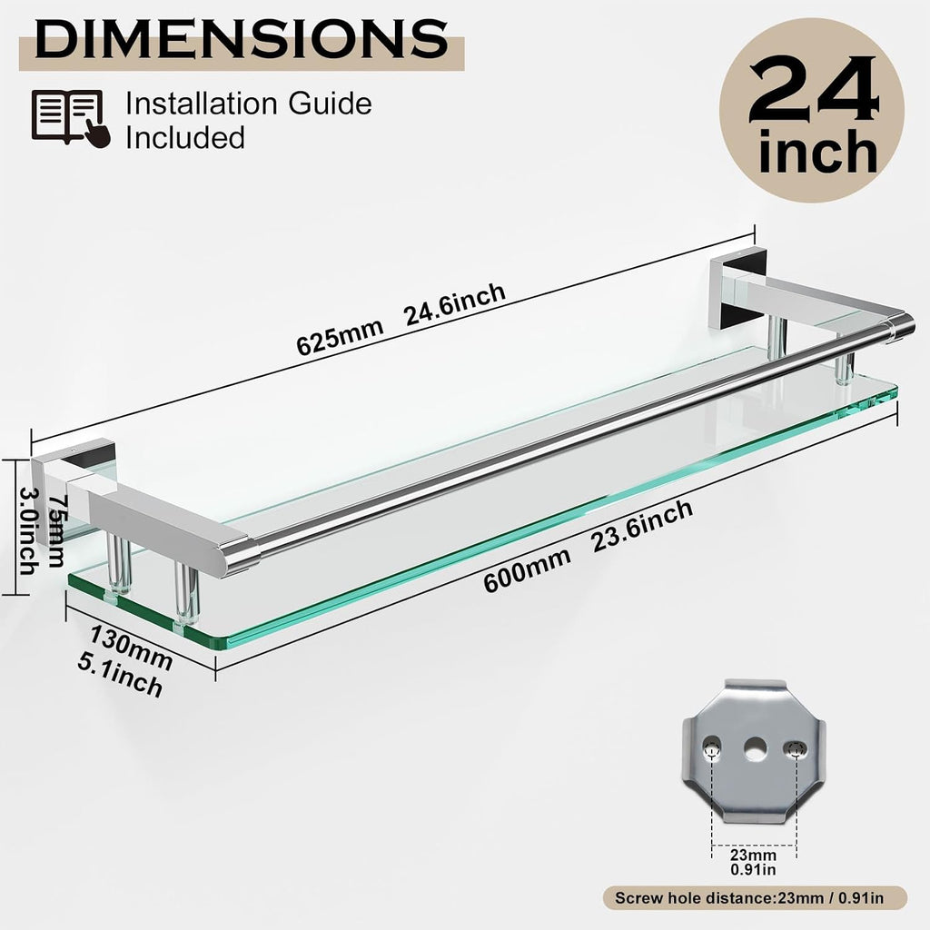 Glass Shelf for Bathroom Wall Sheves 24 inches Rectangular Stainless Steel Tempered Glass Modern Wall Mount Accessories Organizers Storage (Chrome Polished, 24‘’)