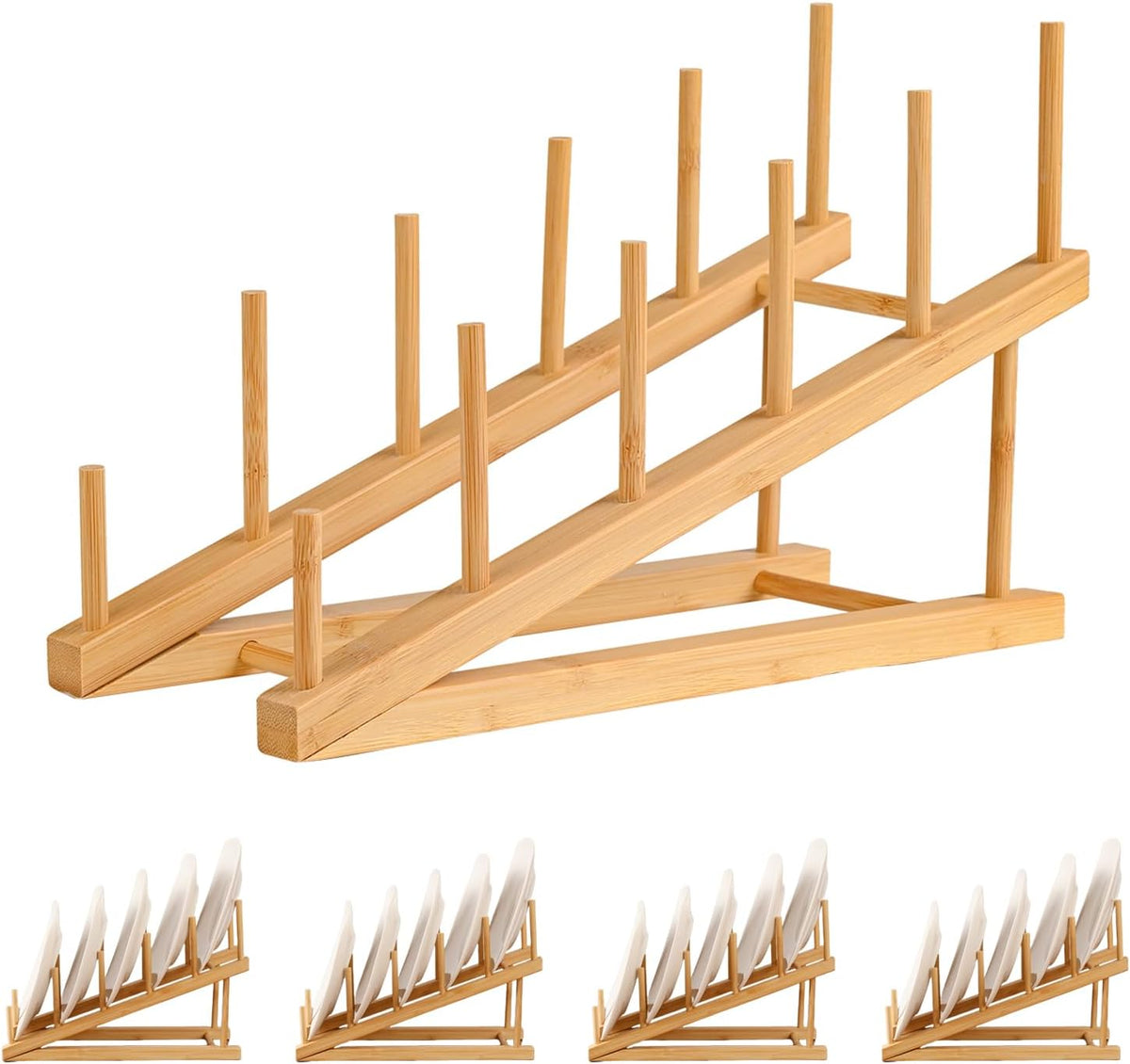5 Pack Plate Stands For Display, Wooden Multi Plate Holder Organizer