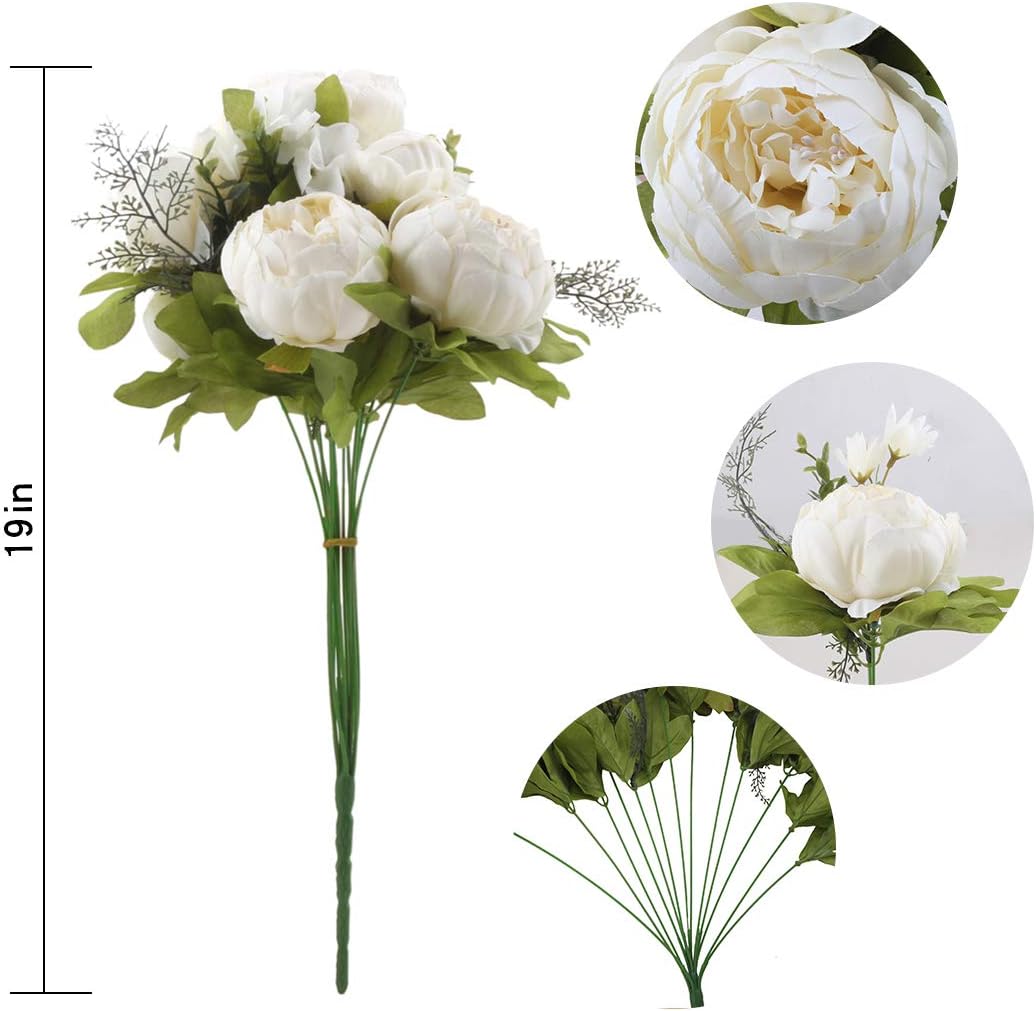 Silk Peony Bouquet Vintage Artificial Peonies Flower for Home Wedding Party Decor (1pcs, White)