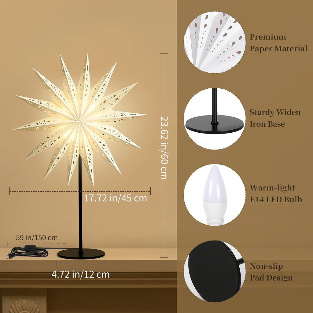 Lewondr 3D Christmas Paper Star Table Lamp, 17.72" 14-pointed Xmas Star