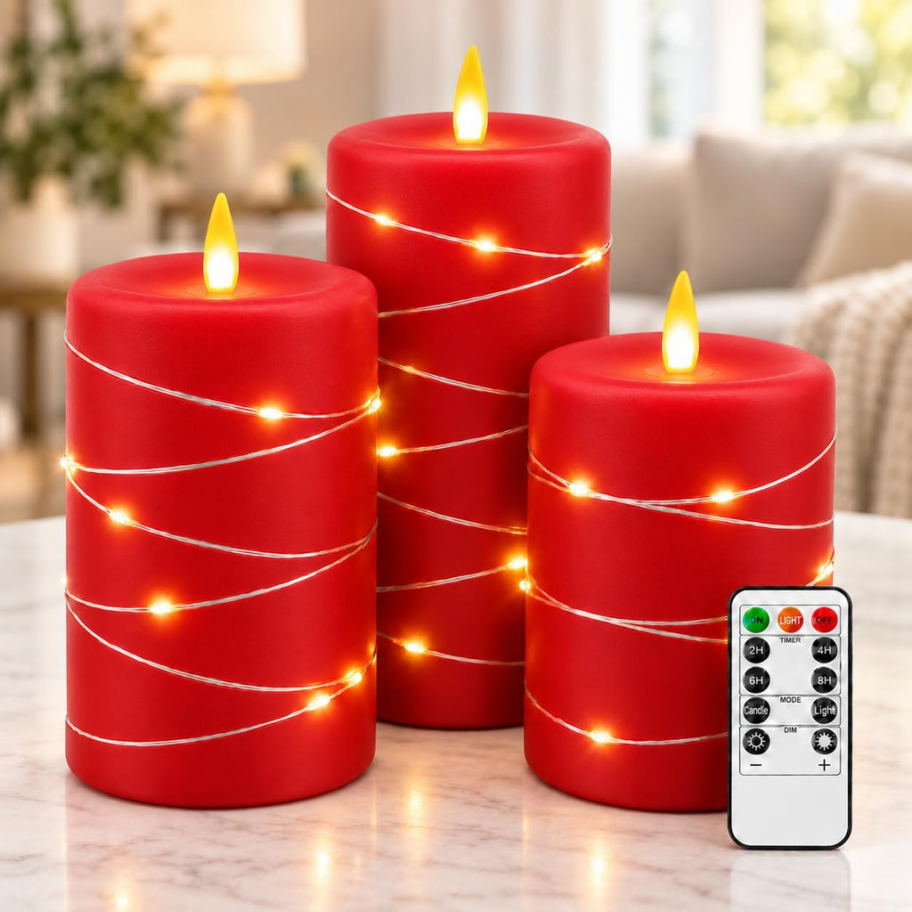 Upinmz RED Flameless Candles with Fairy Lights, Battery Operated, Set of 3