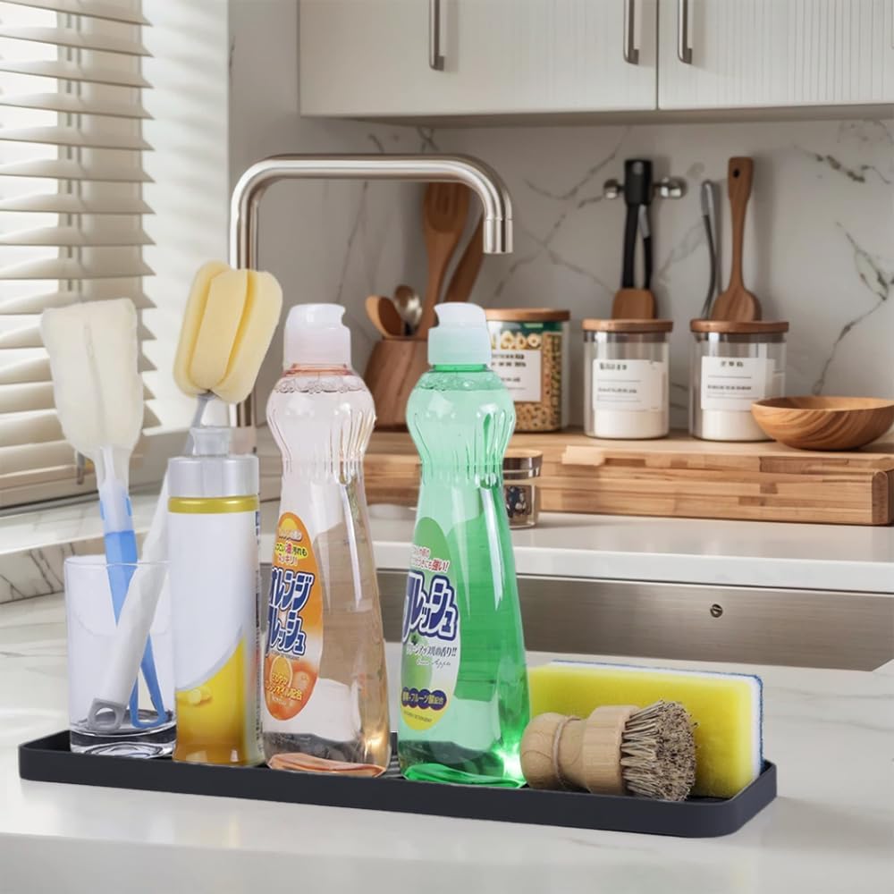 Silicone Organizer Tray for Kitchen Sinks and Bathrooms. Dishwasher-Safe, Non-Slip Countertop Tray, Bathroom Drawer Organizer Trays. Perfect for Makeup & Trinkets (Dark Gray L 1PC)