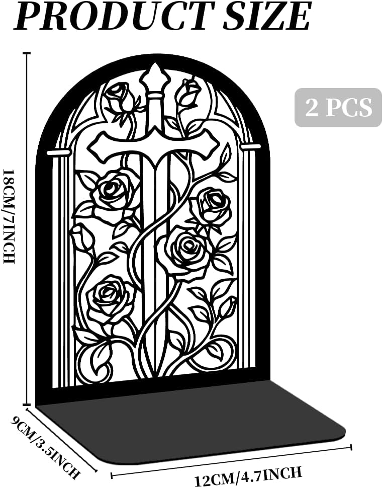 Bookends for Shelves, 2 Pcs Rose Flower Sword Design Book Ends Metal Decorative Bookends for Home Office and Library, Black
