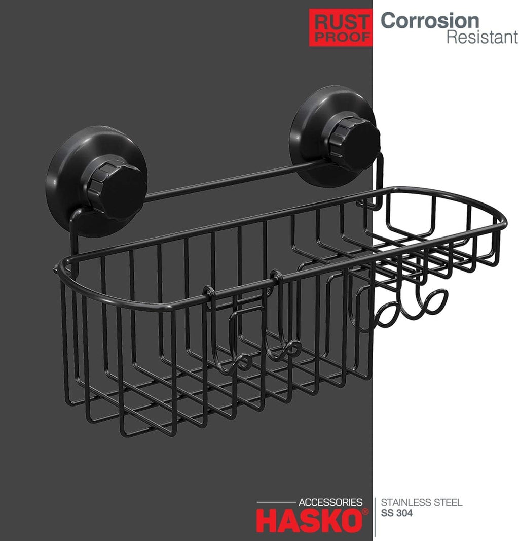 HASKO Shower Caddy Suction Cup, Shower Shelf with Soap Dish and Hooks Organizer, Suction Bathroom Shelf for Storage, Wall Mounted Basket, Black