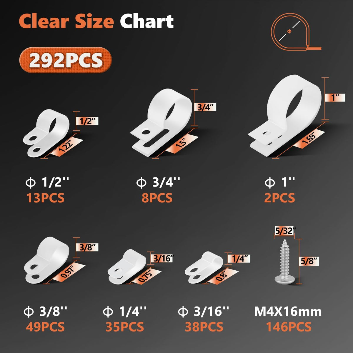 292Pcs White PA66 Nylon R Type Cable Clamps Clips Assortment Kit