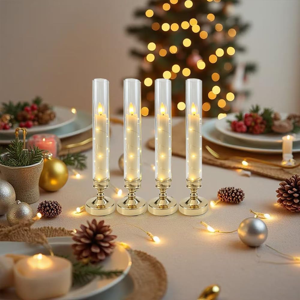 4 Pcs Flameless Candle with Remote Timer, Flickering Battery Operated LED Taper Candles with Embedded Star String Gold Candle Holders for Home, Wedding, Party Christmas Window Candles