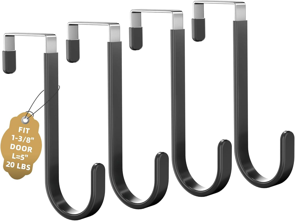 Over the Door Hooks, 4 Pack Heavy Door Hanger Organizer with Non-Slip Rubber, Over Door Hanger for Towels, Coats, Bags, Space Saving Door Coat Hanger for Living Room,Bathroom, Bedroom (Black, Short)