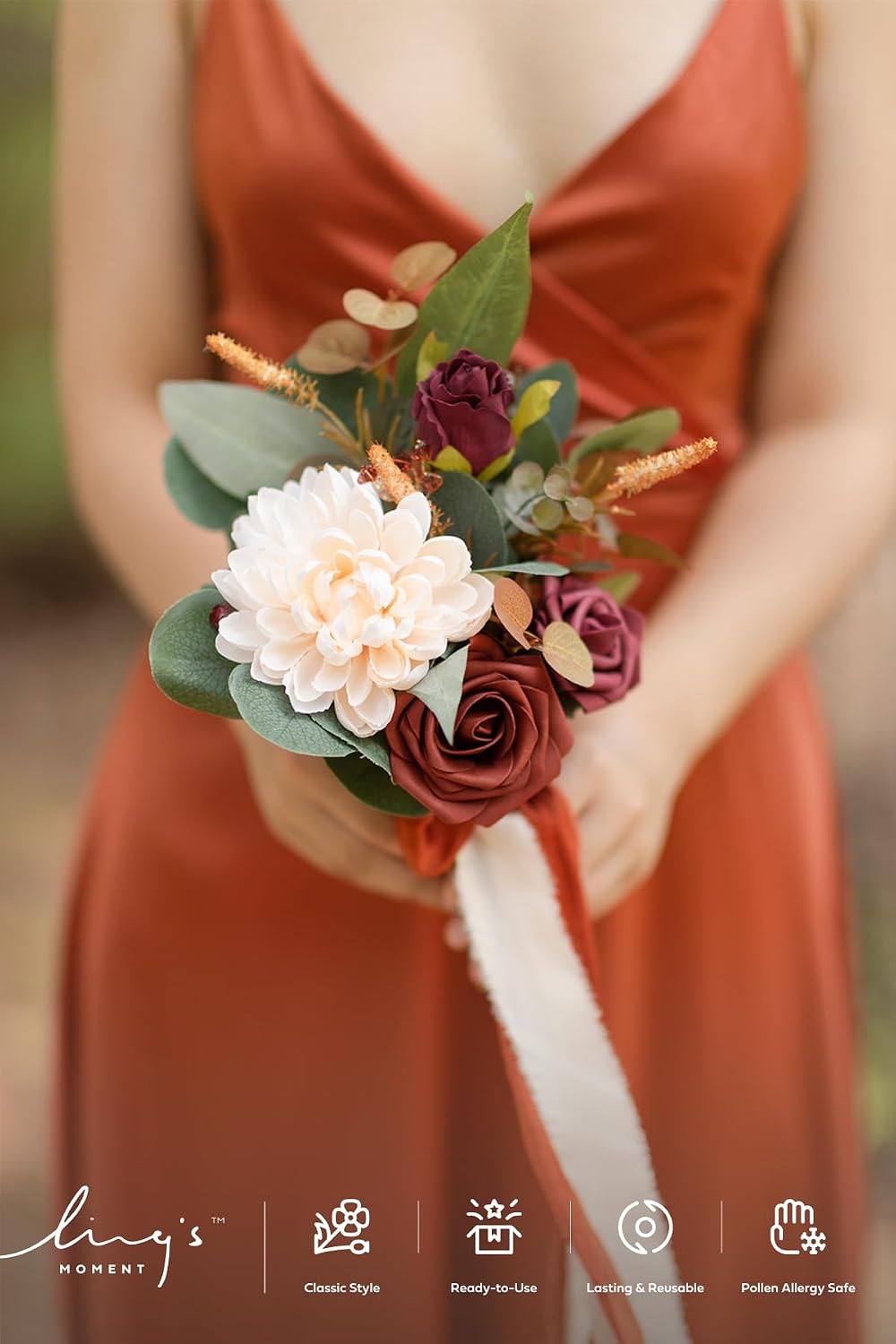 Ling's moment Bridesmaid Bouquet, 7 Inch Burnt Orange for Wedding