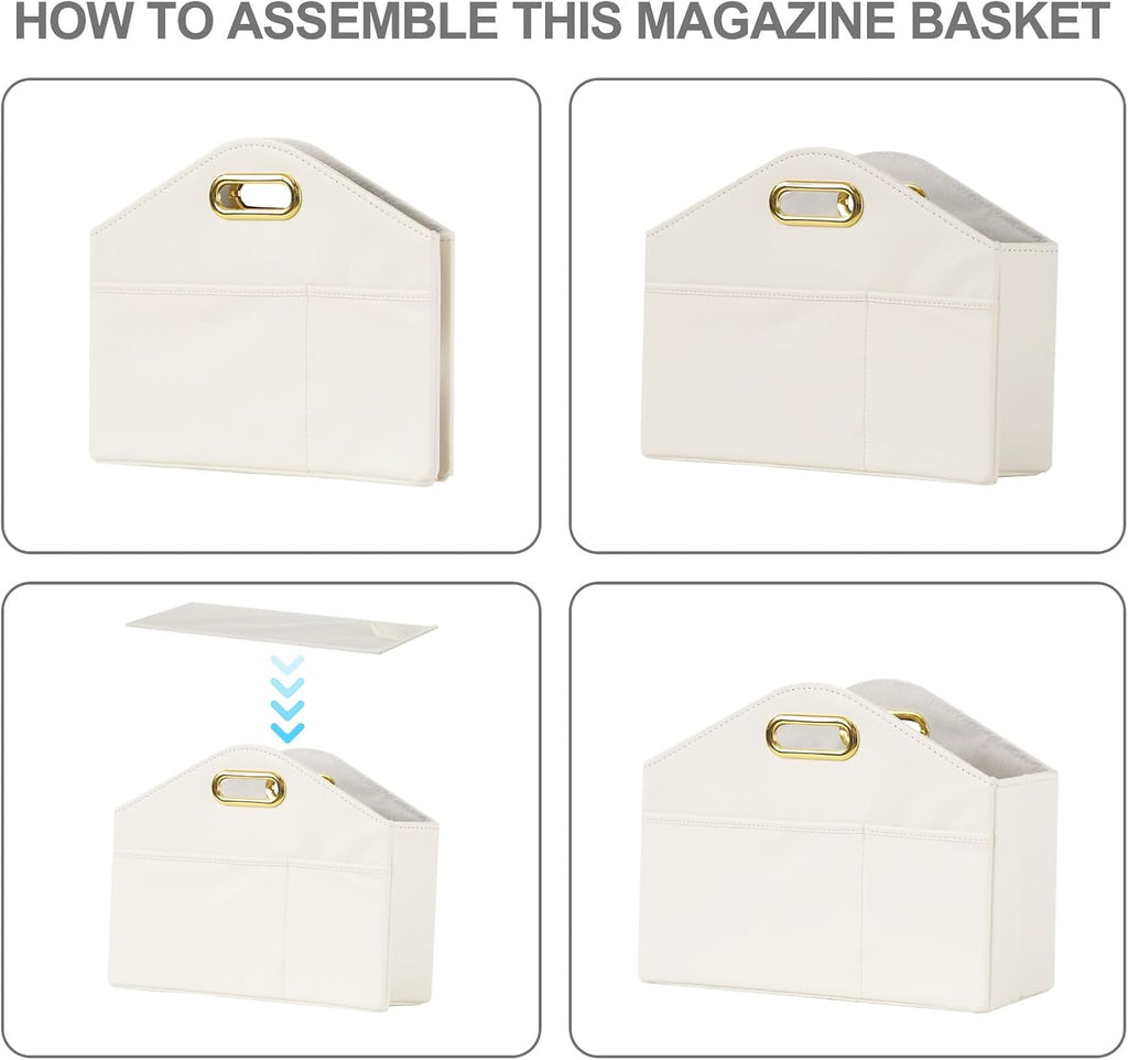 Magazine Holder PU Leather Magazine Rack Floor foldable Magazine Basket Organizer Newspaper Storage Bin Document File Holder for Home Office - white