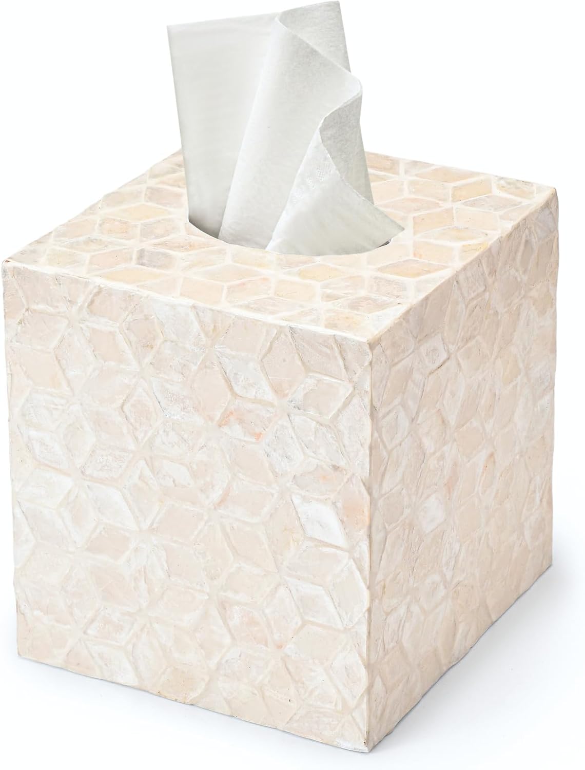 YANGQIHOME Capiz Shells Tissue Box Cover, Handmade Decorative Tissue Box Holder with Mother of Pearl, Square Facial Tissue Holder for Bathroom, Living Room, Kitchen, 5.5" x 5.5" x 5.9" (White)