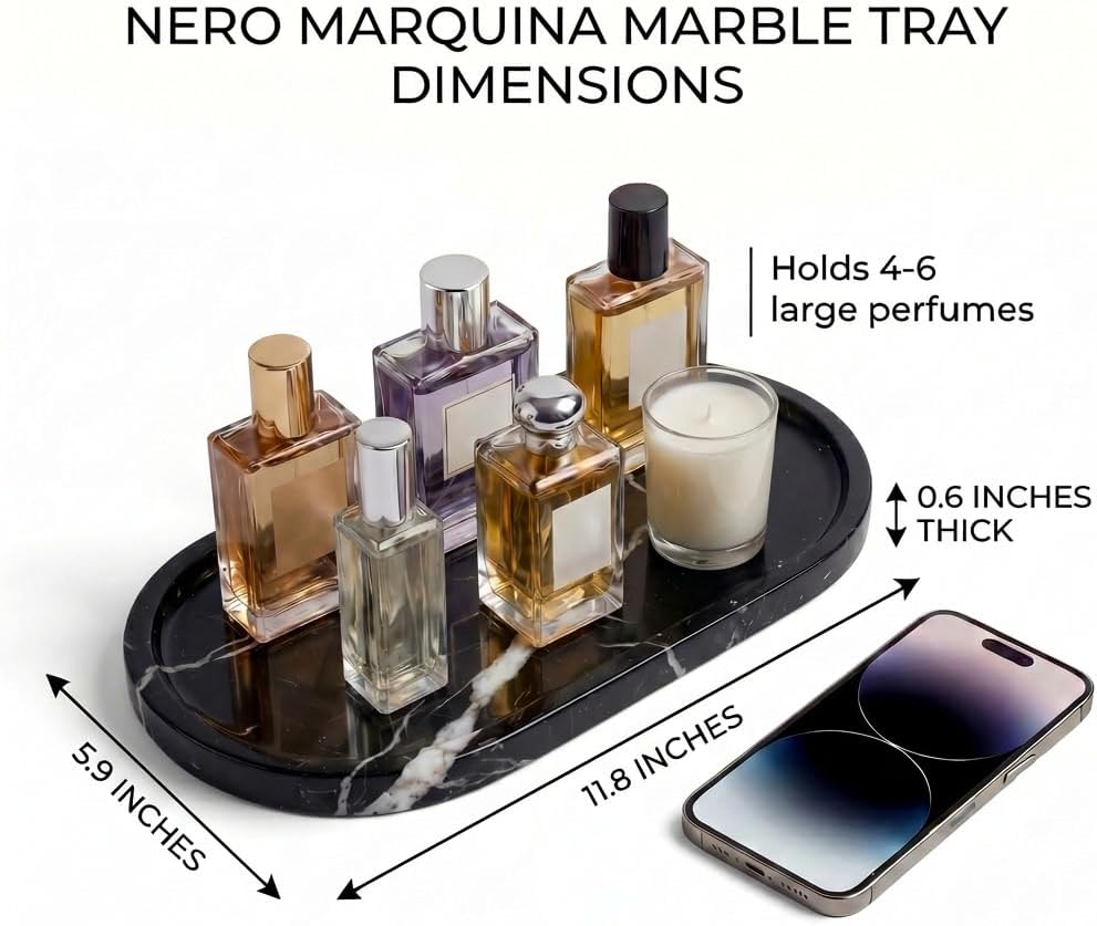 YKAJO Nero Marquina Oval Marble Tray, 11.8x5.9 Vanity Perfume Organizer