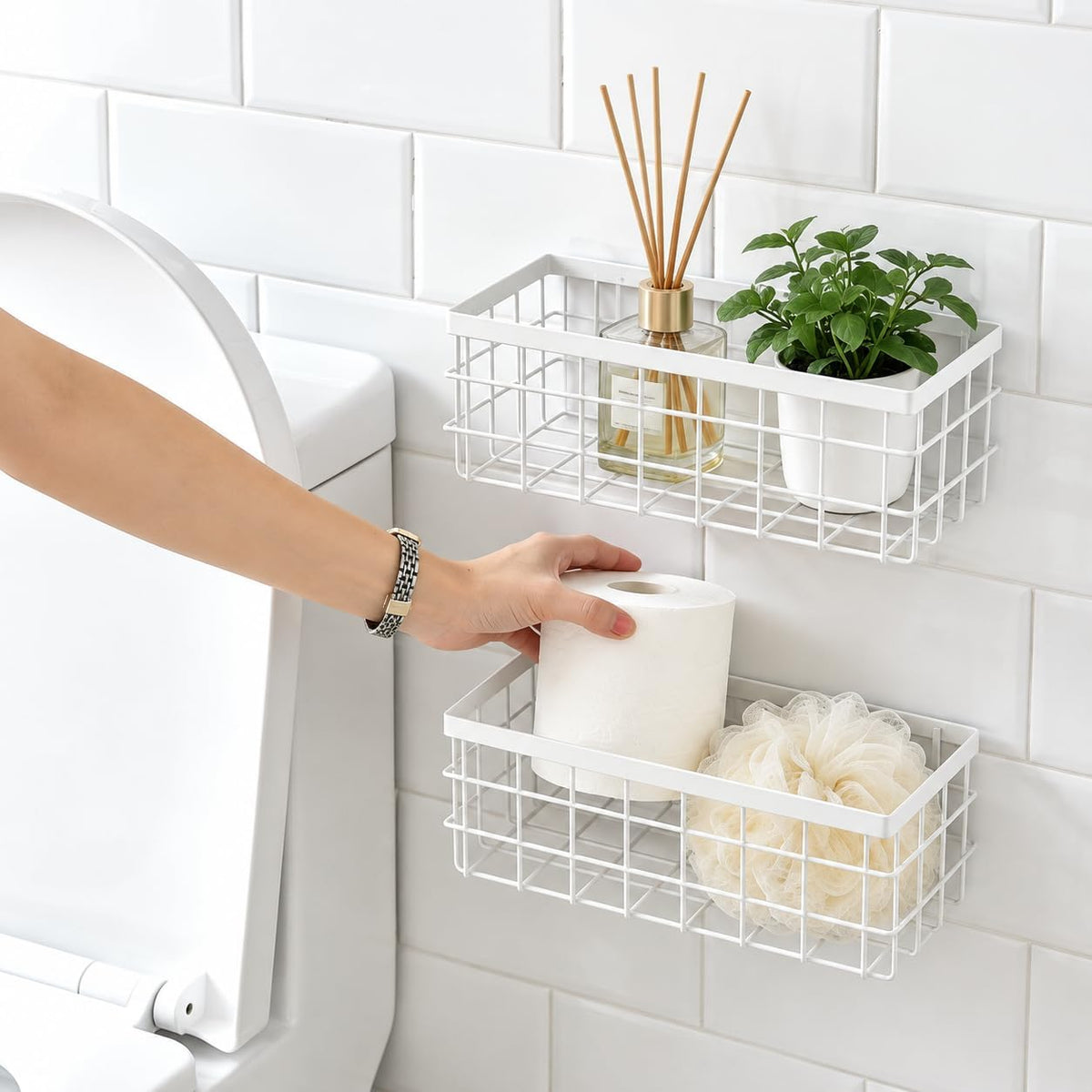 2 PCS Adhesive Wire Wall Baskets, Hanging Small Storage Organizer, L+White