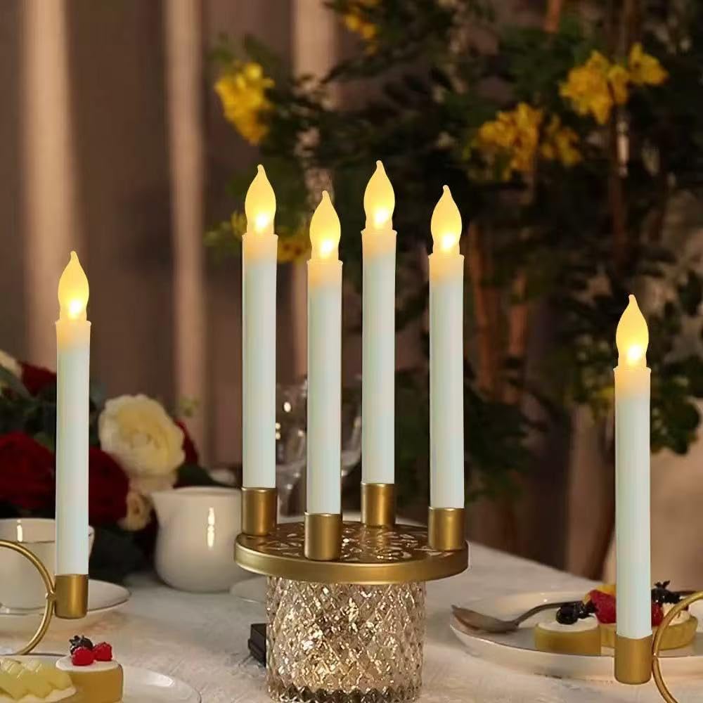 6 Pcs Plastic Flameless Taper Candles with Remote Timer Dimmer, 8.5 inches Taper Candles Battery Operated, Plastic LED with Flickering Flame for Halloween Christmas Church Wedding (Warm White)