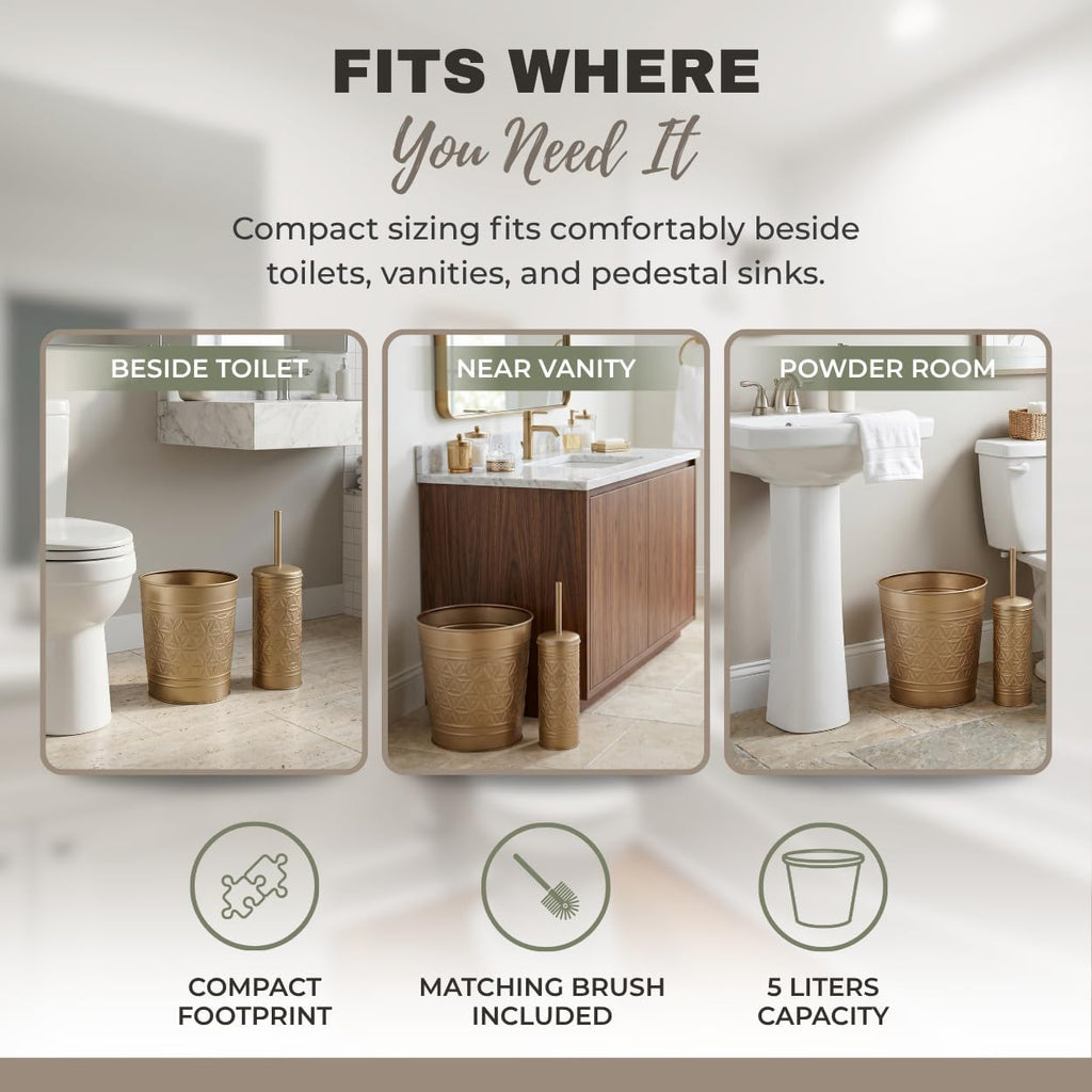 Autumn Alley Farmhouse Antique Gold Bathroom Accessories Set – Includes Gold Bathroom Trash Can & Toilet Brush with Holder, Handcrafted Modern Waste Bin & Standing Toilet Brush, Embossed Metal Décor