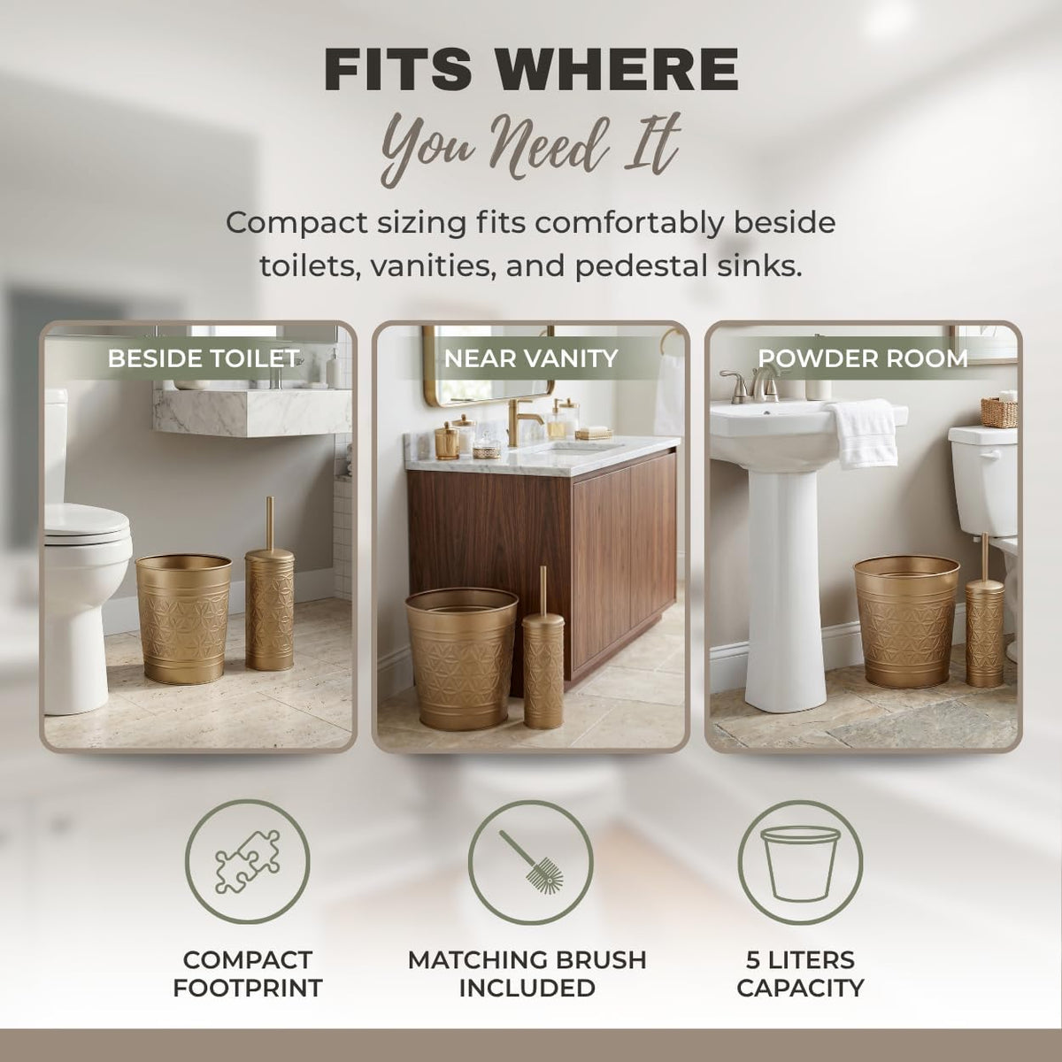 Autumn Alley Farmhouse Antique Gold Bathroom Accessories Set – Includes Gold Bathroom Trash Can & Toilet Brush with Holder, Handcrafted Modern Waste Bin & Standing Toilet Brush, Embossed Metal Décor