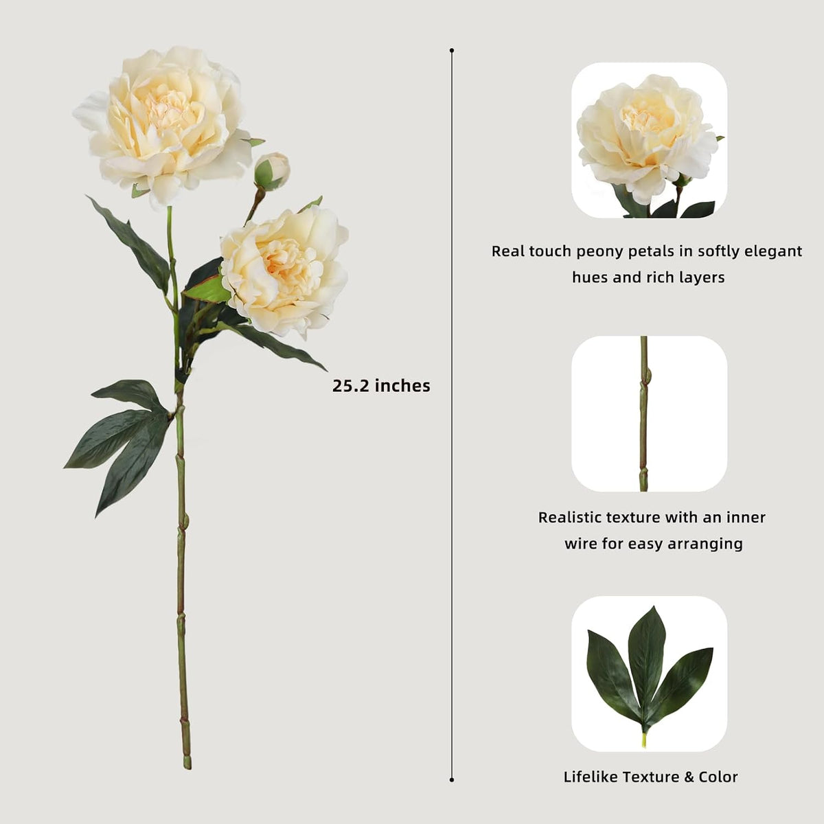 KBREE Peonies Artificial Flowers, 25.2" Real Touch Flowers, 3 Pcs Peony Stems with Large Bloom Heads, Lifelike Artificial Flowers for Vase, Wedding Bouquet DIY & Floral Arrangements (Cream White)