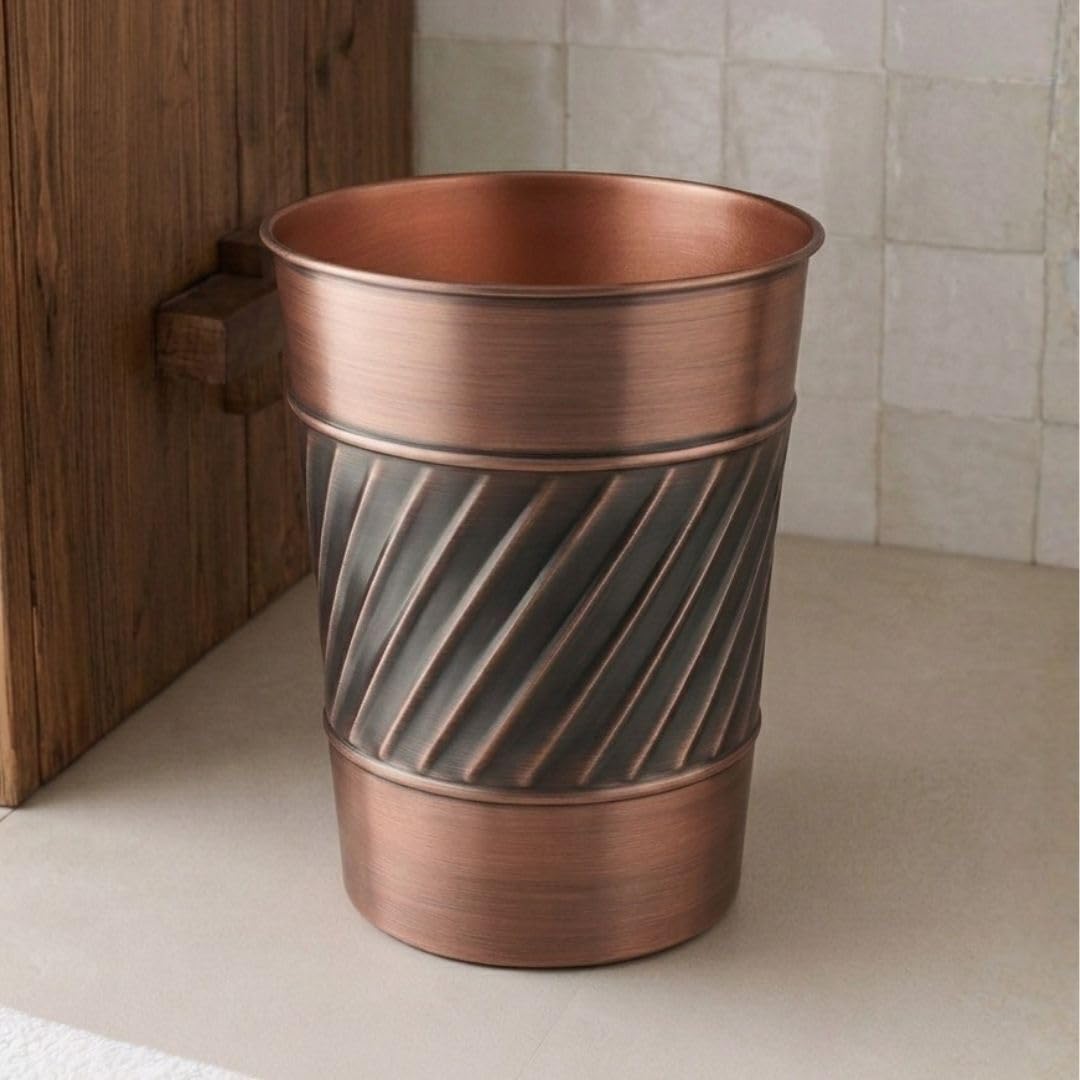 Monarch Abode Metal Bathroom Trash Can – Waste Basket for Bedroom, Office Desk, & Dorm, Handcrafted Wave Embossed, Durable Decorative Antique Copper Small Trash Can Bathroom Garbage Bin Wastebasket