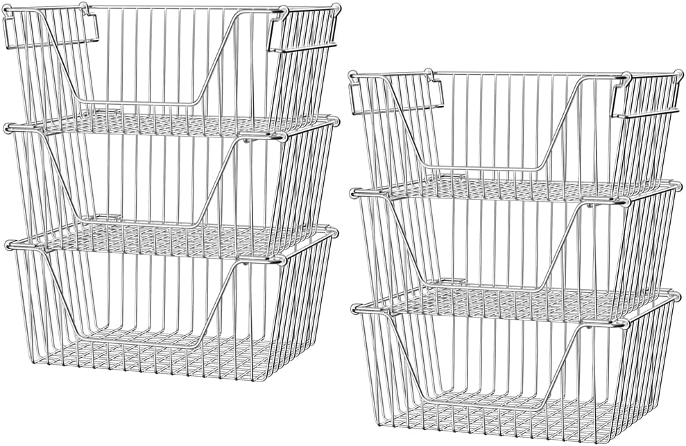 Slideep Stackable Storage Baskets Stainless Steel Cabinet Organizer Sturdy Metal Wire Pantry Freezer Bin for Pantry Home Bathroom Kitchen Organization 6 Packs