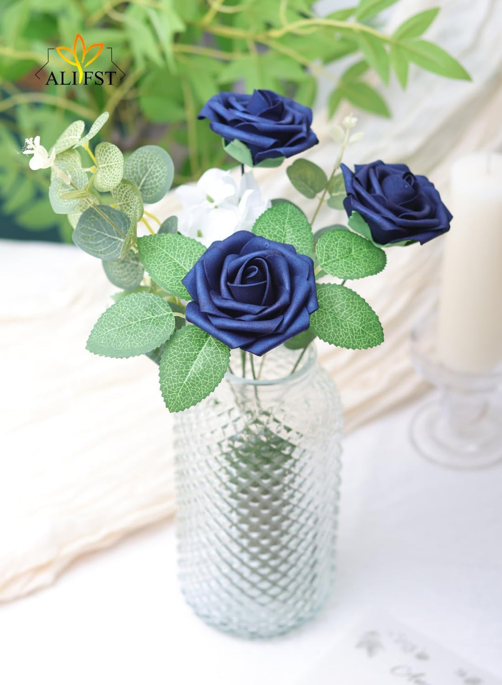 50pcs Artificial Flower，Real Touch Artificial Foam Roses Decoration DIY for Wedding Bridesmaid Bridal Bouquet Centerpieces Party(50, Navy Blue)