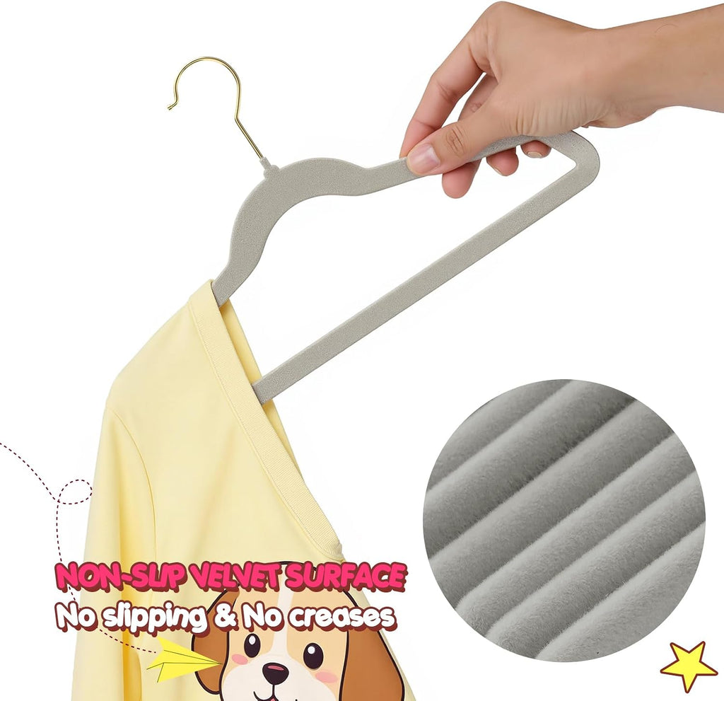 Korpai 50 Pack Baby Velvet Hangers 11 Inch, Non-Slip, Ultra Slim,Space-Saving Baby Hangers with 360° Swivel Hook, 7LBS Capacity, Toddler & Baby Romper/Dresses/Shirts/Coats/, Grey