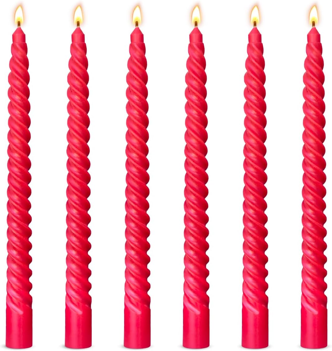 6 Pack 10 Inch Red Spiral Taper Candles for Christmas and Holiday Home Decoration, Unscented Dripless Twisted Candlesticks for Dinner Party Wedding Valentine's Day and Religious Service