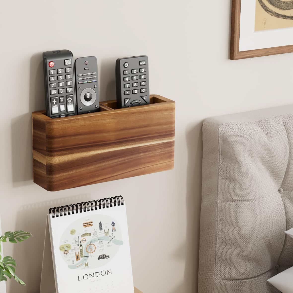 Wood Remote Control Holder Wall Mount, TV Remote Holder for Wall, Remote Control Organizer for Table Desk Home Decor