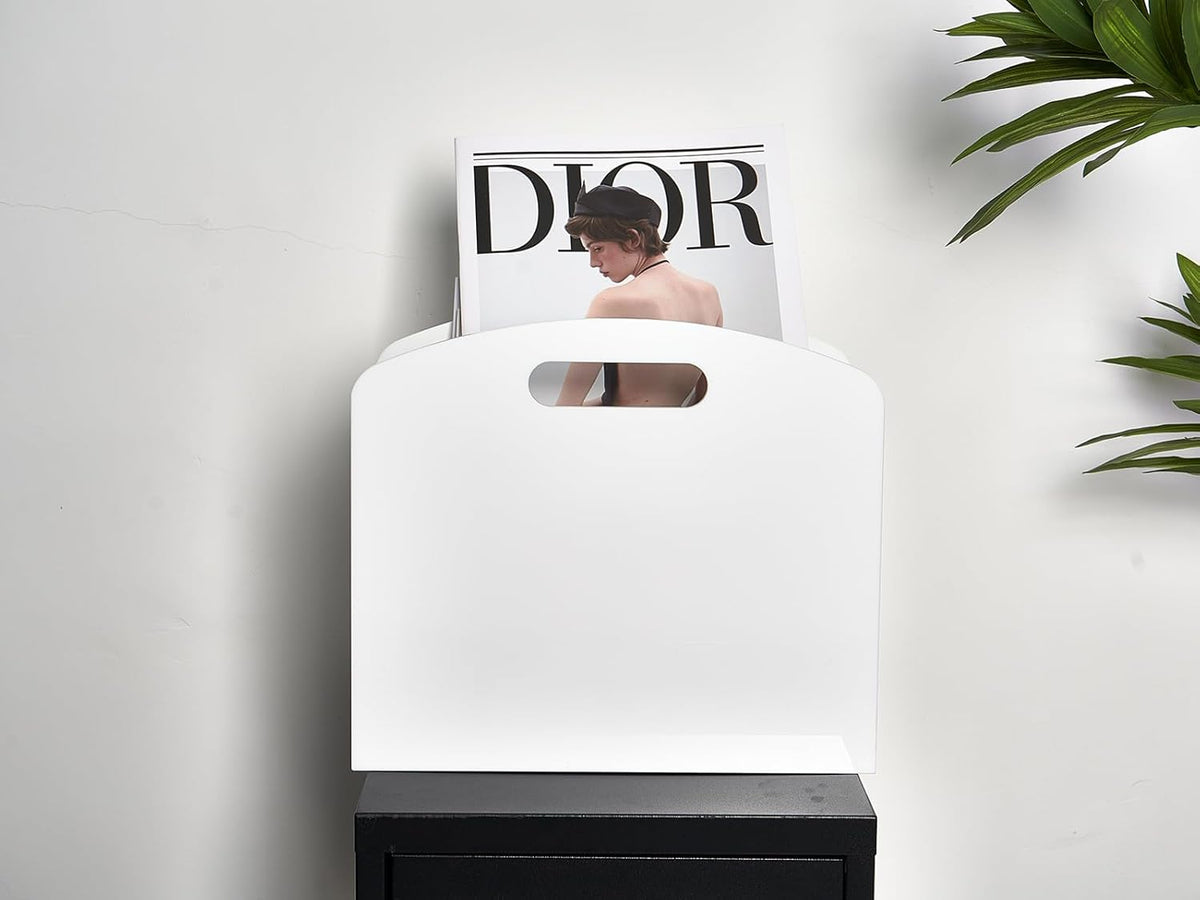 White Magazine Holder - Acrylic Magazine Rack Floor, Newspaper Stand with handles, Modern Lucite Magazine and Book Basket Box for Bathroom, Bedroom, Living Room