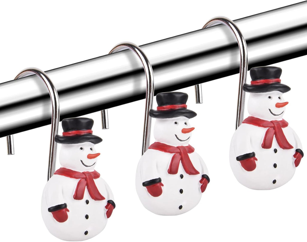Christmas Decorative Shower Curtain Hooks 12Pcs Xmas Snowman Rust Proof Shower Curtain Hook Rings for Bathroom Living Room Decoration