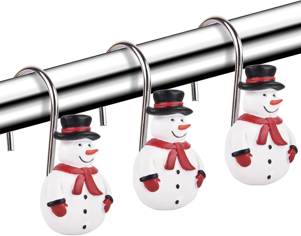 Christmas Decorative Shower Curtain Hooks 12Pcs Xmas Snowman Rust Proof Shower Curtain Hook Rings for Bathroom Living Room Decoration