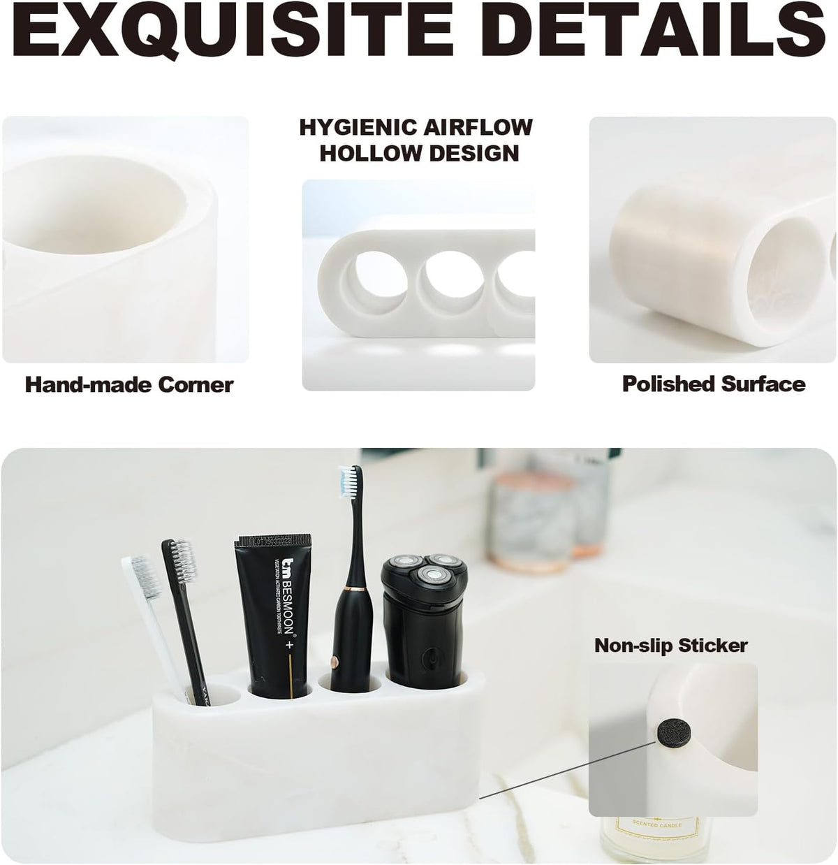 BCS Toothbrush Holder for Bathrooms, 4 Slots Marble Toothbrush and Toothpaste Holder Stand Bathroom Organizer Countertop for Electric Toothbrush, Floss, Razor, Comb - Karibib Ice