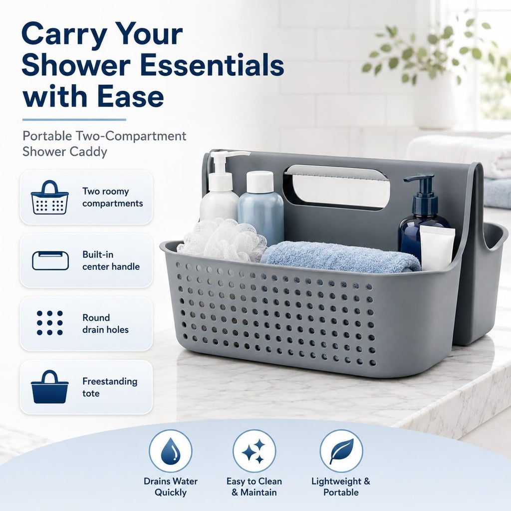 NINU Gray Portable Shower Caddy, 2-Compartment Storage Organizer