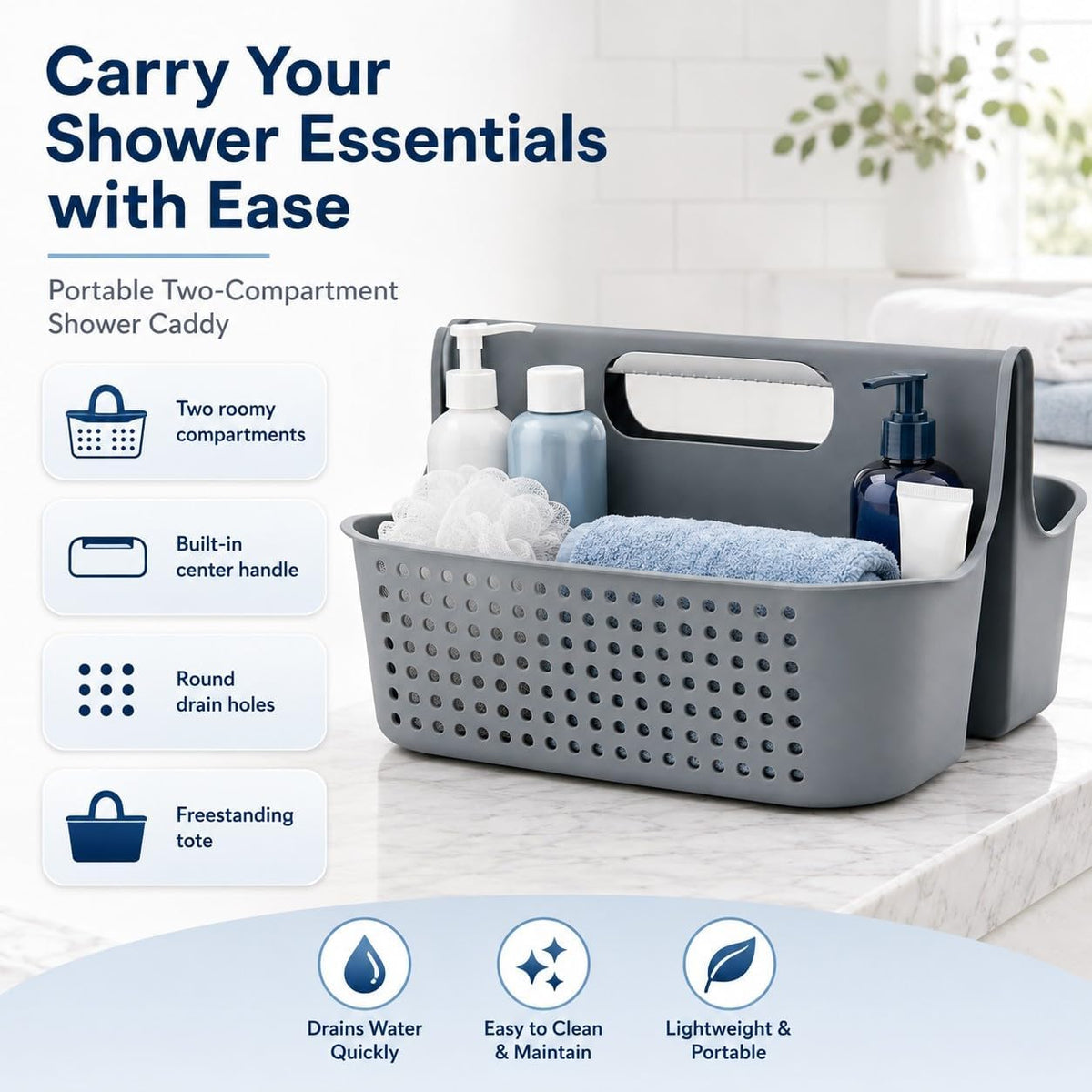 NINU Gray Portable Shower Caddy, 2-Compartment Storage Organizer