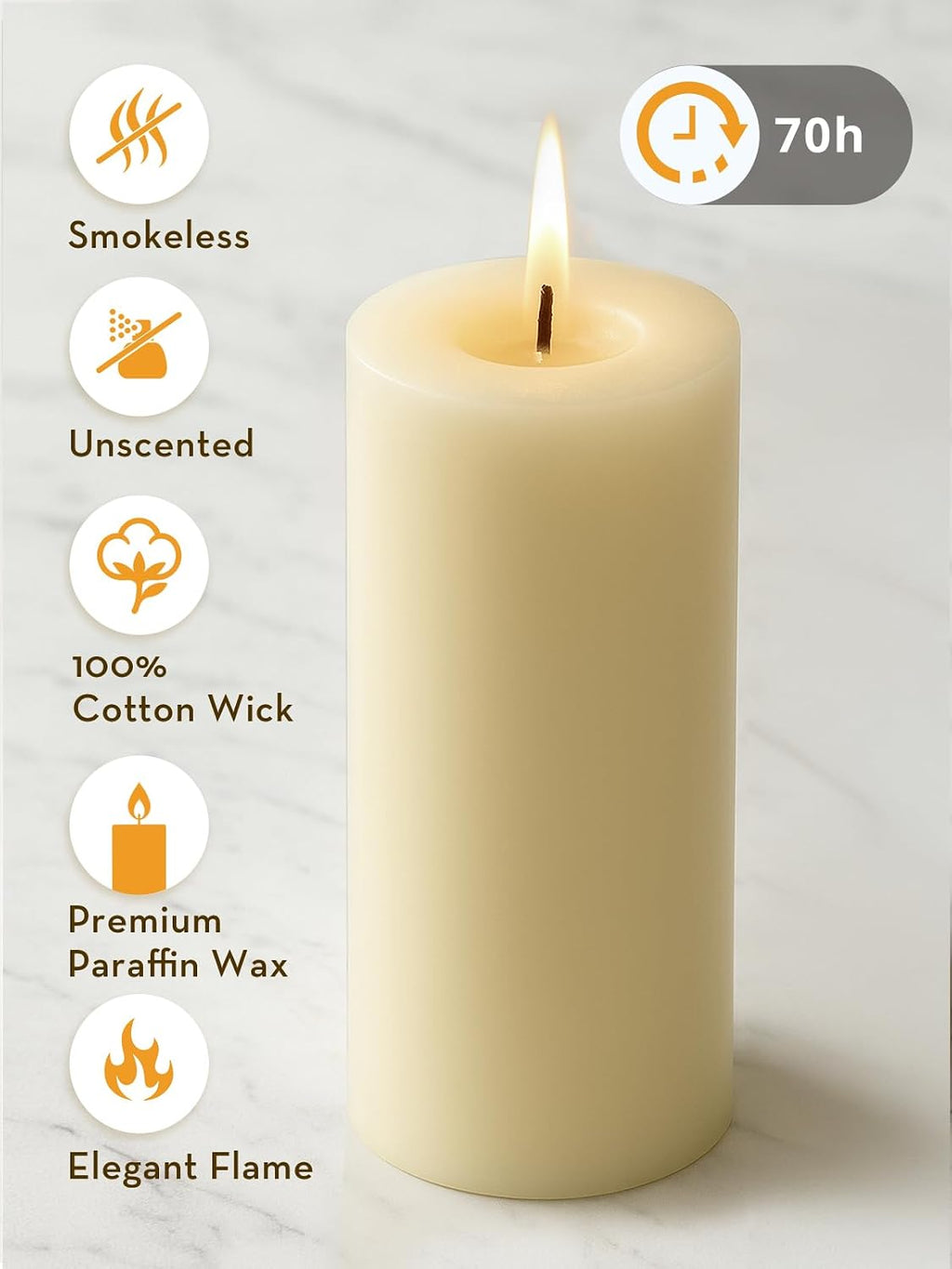 Ashlux 3x6 Inch Ivory Pillar Candles, Set of 6 Wax, 70 Hours Long Burning, Unscented and Dripless Pillar Candles Bulk for Christmas Lights, Wedding, Parties, Spas, Home Decorative