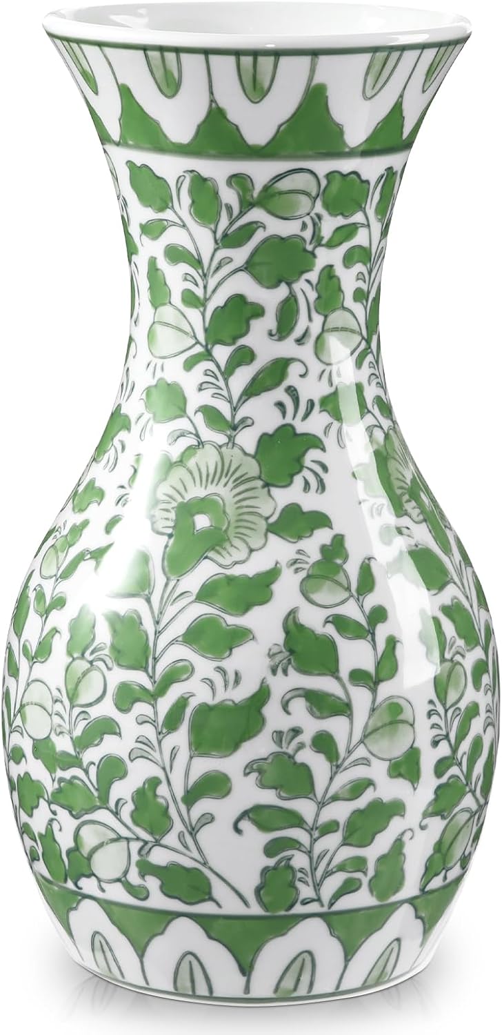 Green and White Ceramic Vase 11" Chinoiserie Flower Vase in Wide Mouth