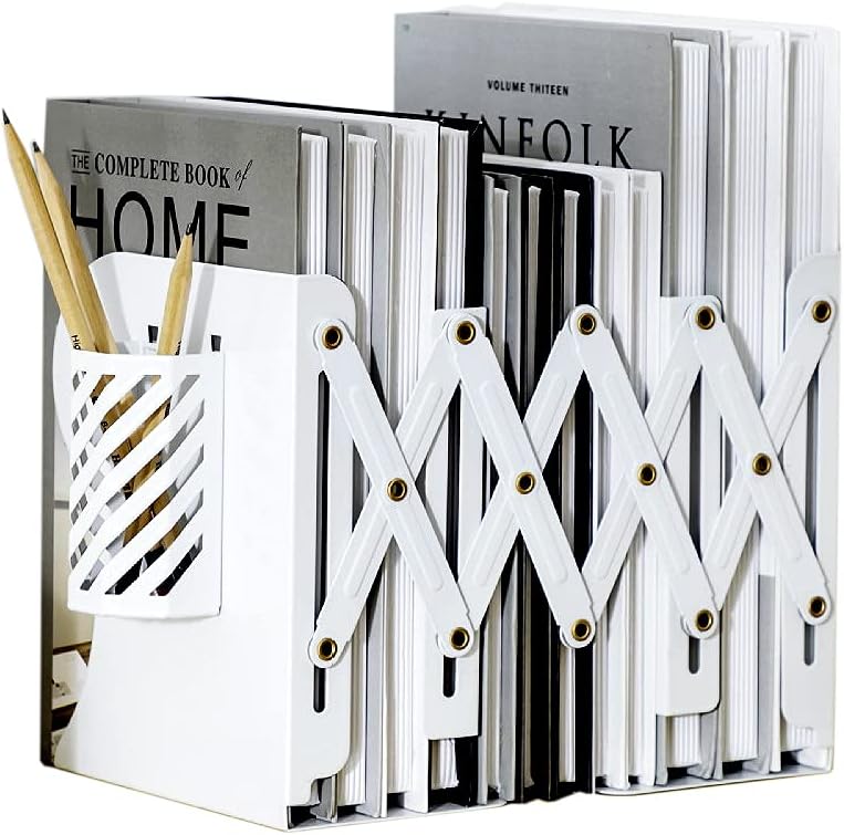 Adjustable Bookends Metal Book Ends for Heavy Book Holder Heavy Duty Bookends Nonskid Bookcase Desktop Book Organizer Binder Holder (White)