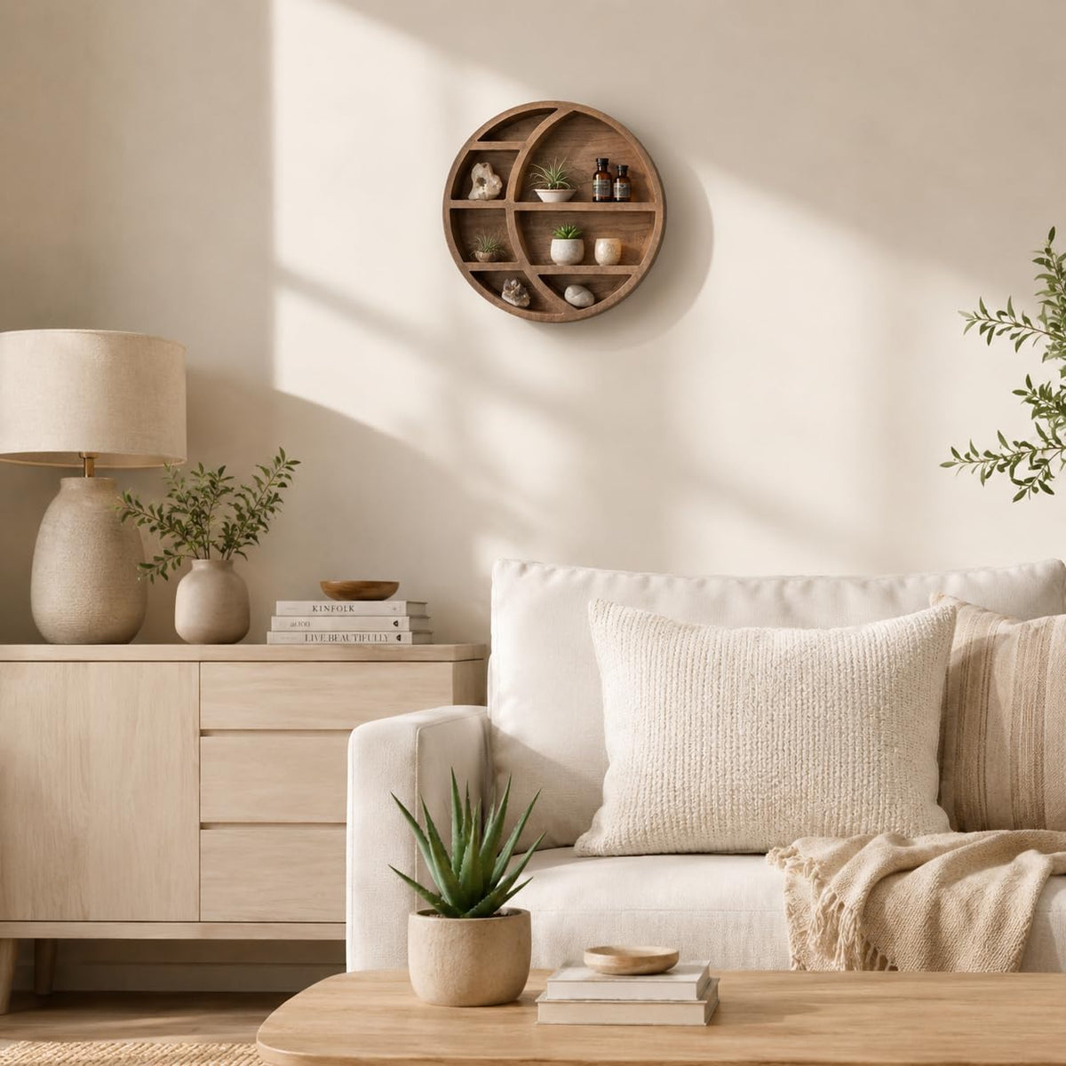 Wooden Crescent Moon Shelf Wall Decor — Aesthetic Floating Crystal Display Holder & Hanging Wall Organizer for Bedroom, Dorm & Spiritual Room Decor | 14"x14"x3.5" | (Light Brown)
