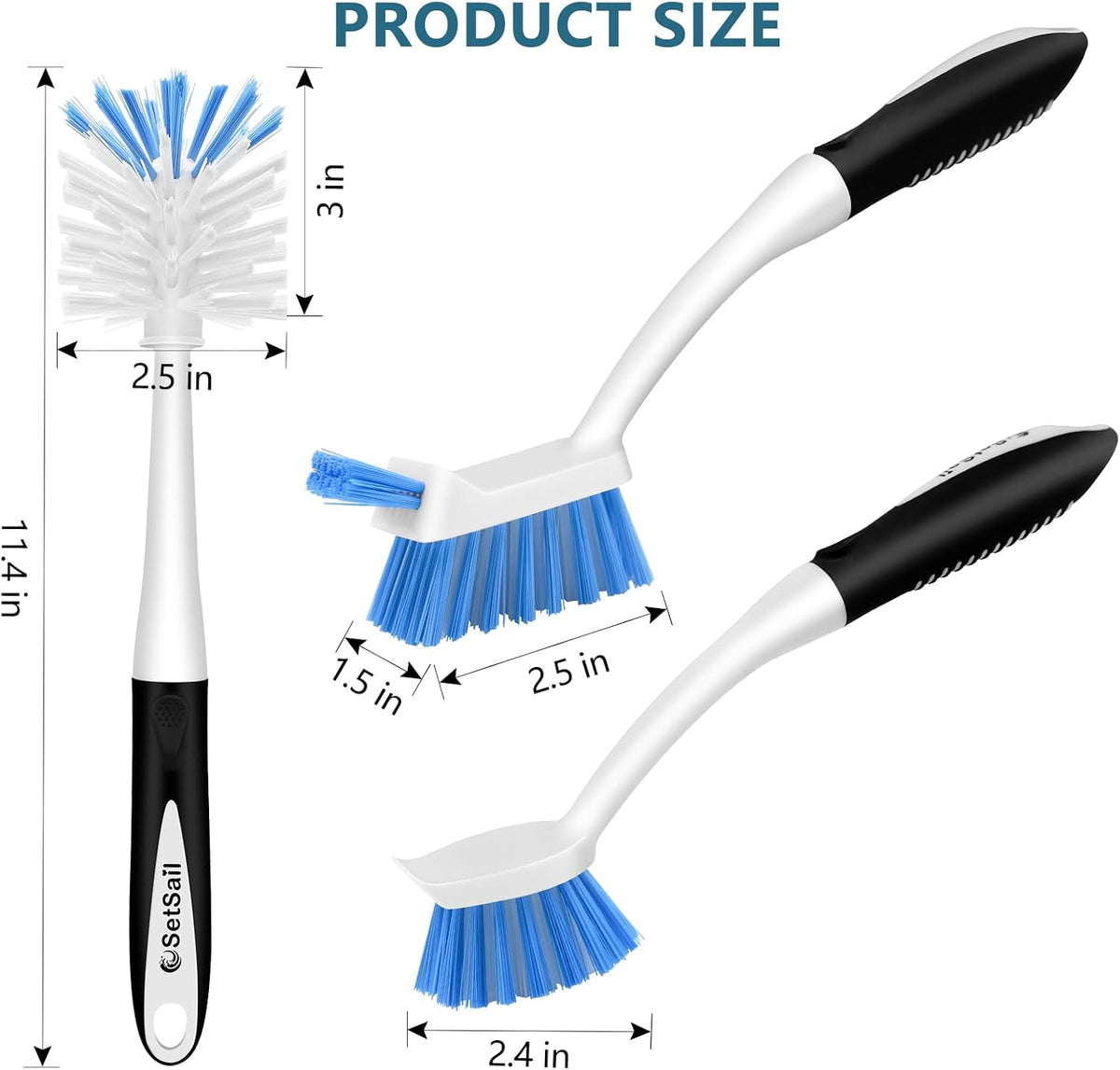 SetSail 3 Pack Dish Brush Set, Long Handle Kitchen Scrub Brush(Black Blue)