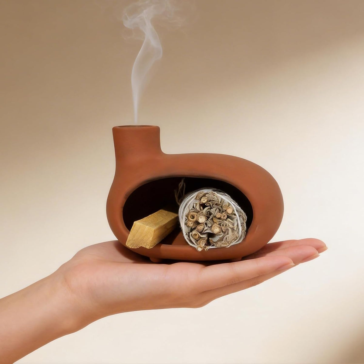 Orange-Red Terracotta Palo Santo Holder, Mini Chiminea Incense Burner