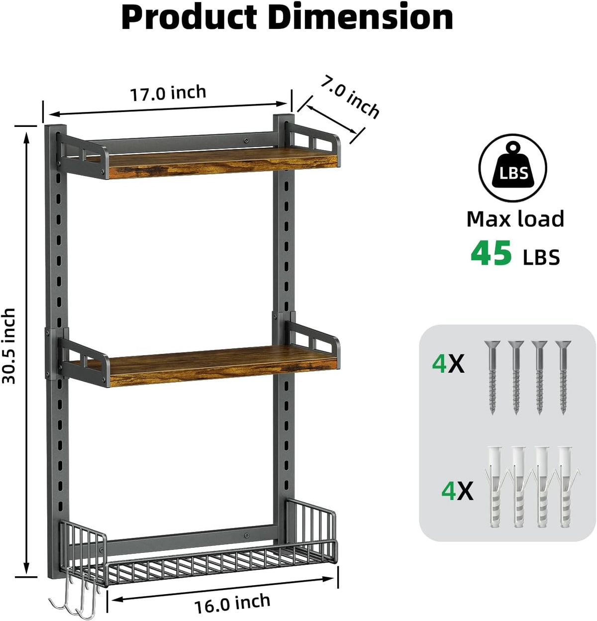 Kalrin 3 Tier Bathroom Shelves Over Toilet - Wall Mounted Floating Shelves with Drain Basket, Toilet Paper Storage, Height Adjustable Over The Toilet Storage, Vintage Brown