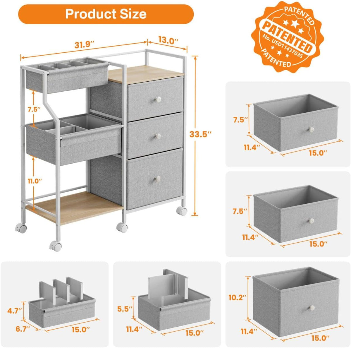 Modanais Baby Diaper Caddy Organizer Rolling Cart with Drawers, Light Gray